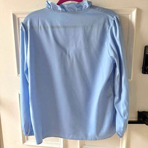 Blue Ruffled V Neck Blouse Womens XL Puff Sleeves Soft Girl Light Academia Offic - Picture 3 of 9